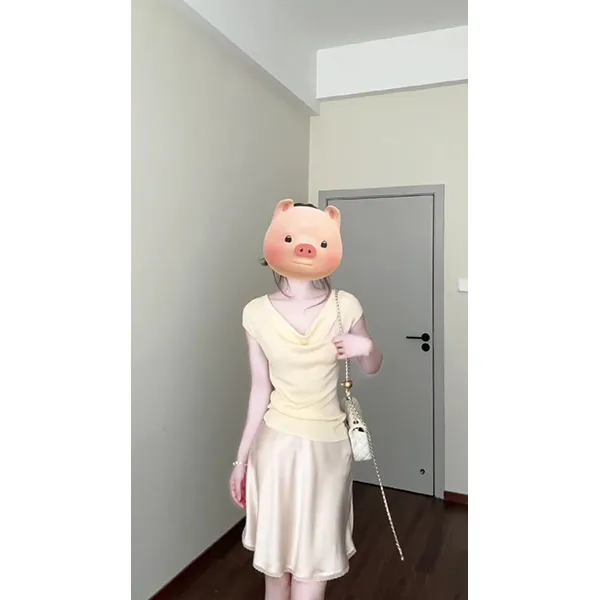优雅知性荡领软糯短袖T恤女气质时尚简约显瘦百搭上衣+裙子套装