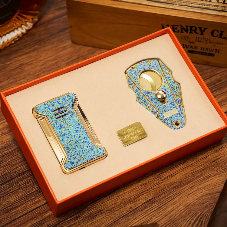 JIFENG季风幻彩纯铜雪茄剪德国不锈钢刀刃便携打火机套装