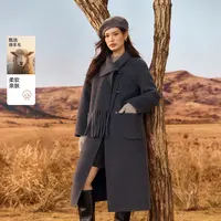 【冬日恋歌】纤莉秀W大码女装流光风围巾领100绵羊毛格雷外套QK3048