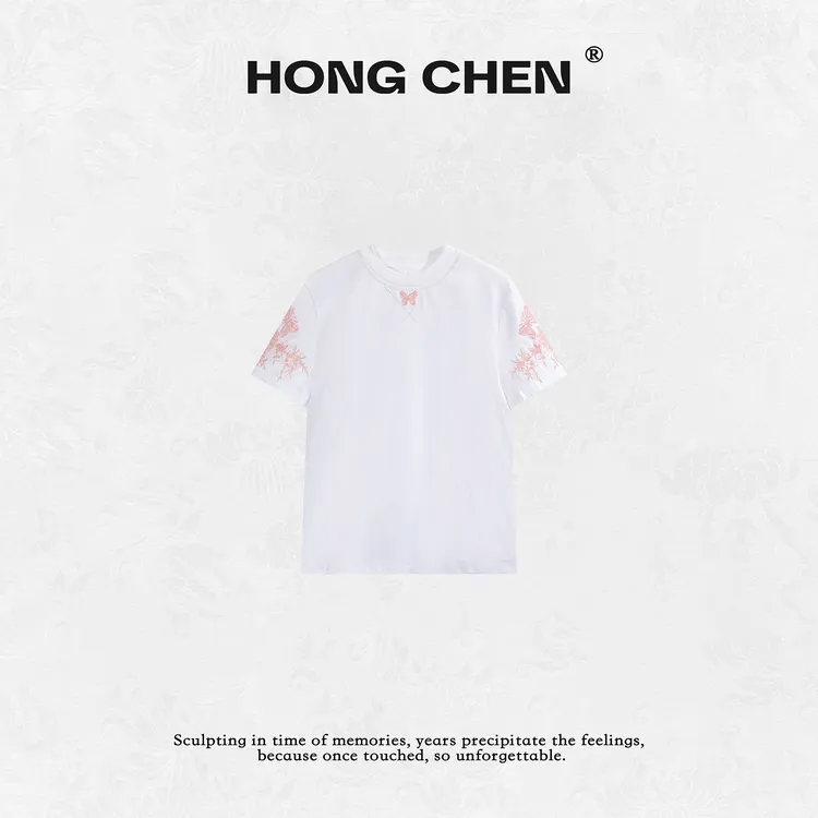 【虹辰·蝶恋花】高端时尚撞色蝴蝶花朵钉珠圆领百搭高级感T--HC2501