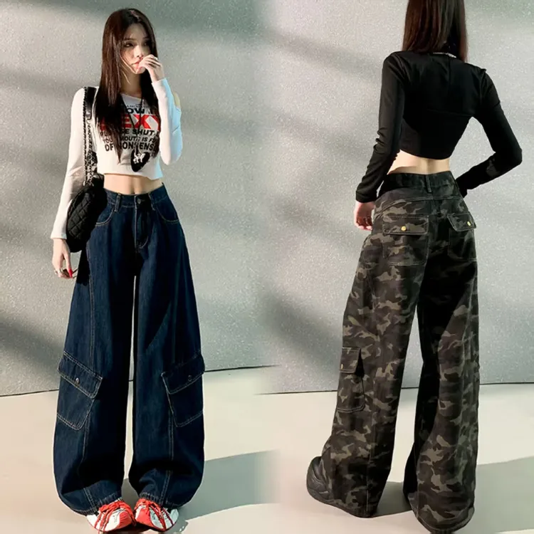 美式高街迷彩牛仔工装裤女款2025秋季新款多口袋宽松百搭显瘦裤子