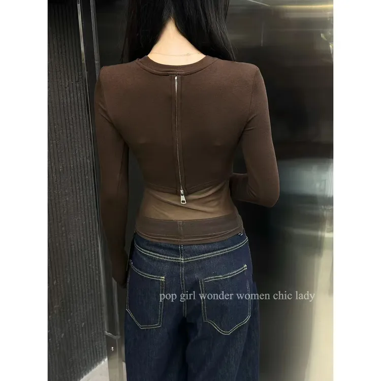 2025早秋新款韩系设计感后背网纱拼接修身打底衫女款爆款2025新款