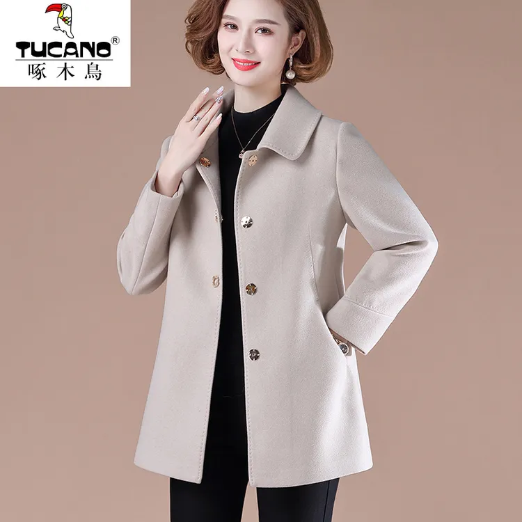 啄木鸟妈妈装洋气毛呢外套50岁中老年女士秋冬季短款小个子上衣呢