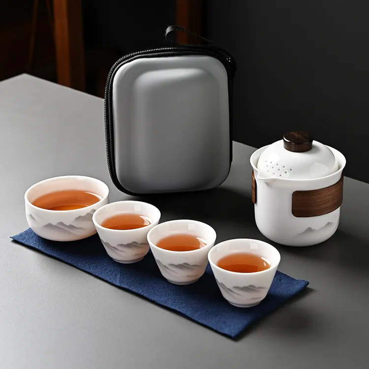 羊脂玉旅行茶具套装一壶四杯便携式快客杯户外露营泡茶壶茶杯收纳
