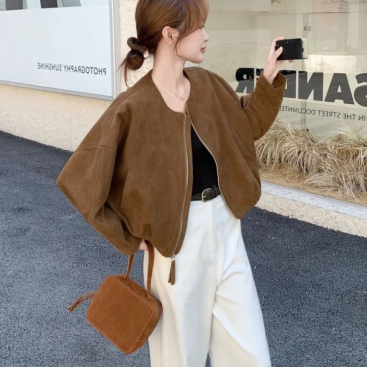 1085咖色复古短款外套秋新款韩系小个子气质休闲流行时尚潮牌女装