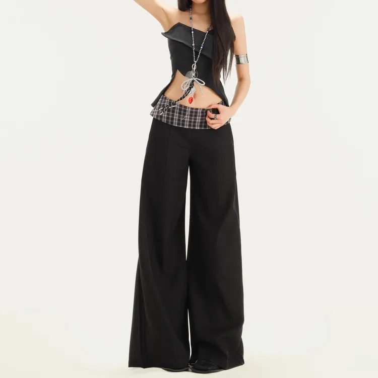 知意 黑色中腰垂感西装长裤2025春夏高级感宽松直筒拖地休闲裤女