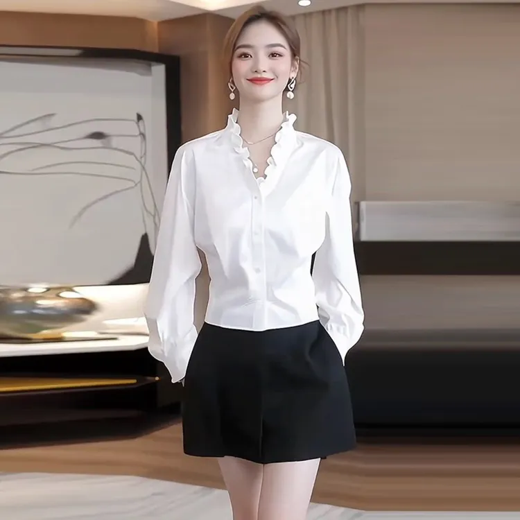 白色木耳边V领长袖衬衫女2025秋季新款轻奢高级感减龄洋气上衣潮