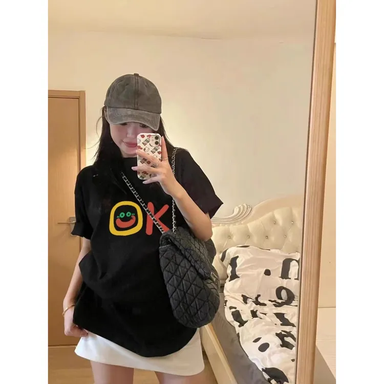  纯棉T恤女2025年夏季大码宽松印花款显瘦百搭黑色休闲时尚美式