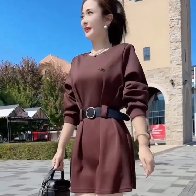 韩版简约设计感腰带卫衣裙2025秋季新款洋气遮肉气质卫衣连衣裙