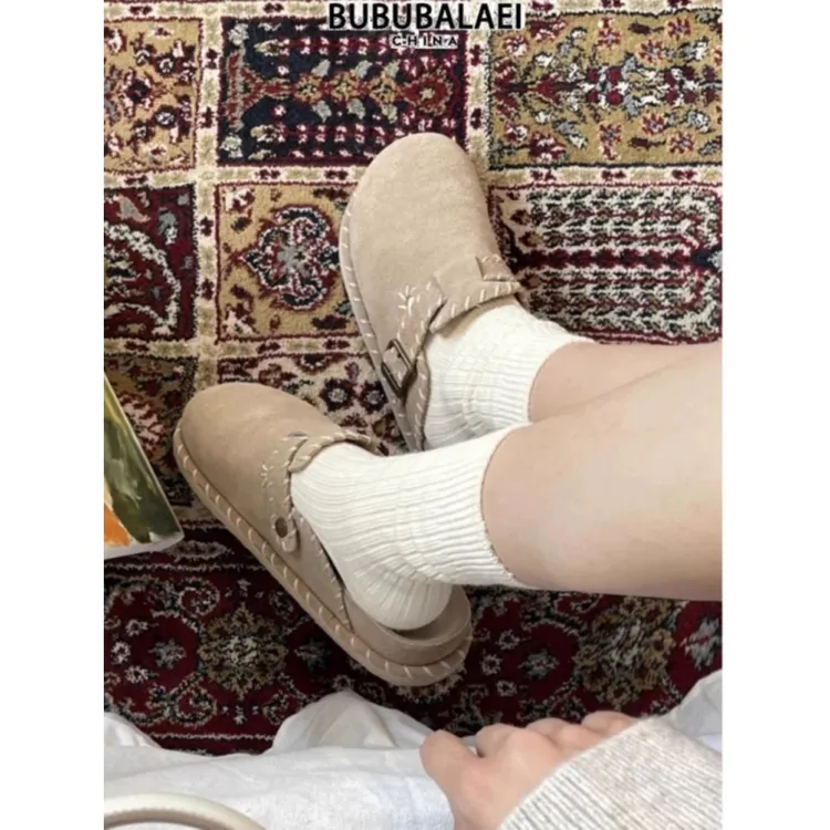 韩版时尚厚底包头半拖勃肯鞋女2025新款春秋百搭复古皮带扣勃肯鞋