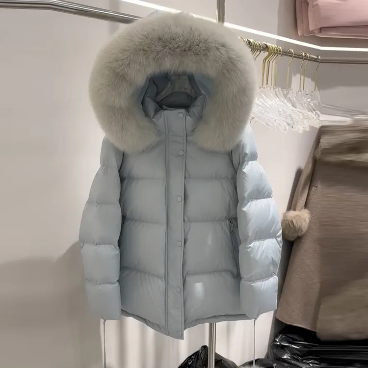 大毛领连帽羽绒服女2025冬季新款韩系小个子保暖白鸭绒高级感外套