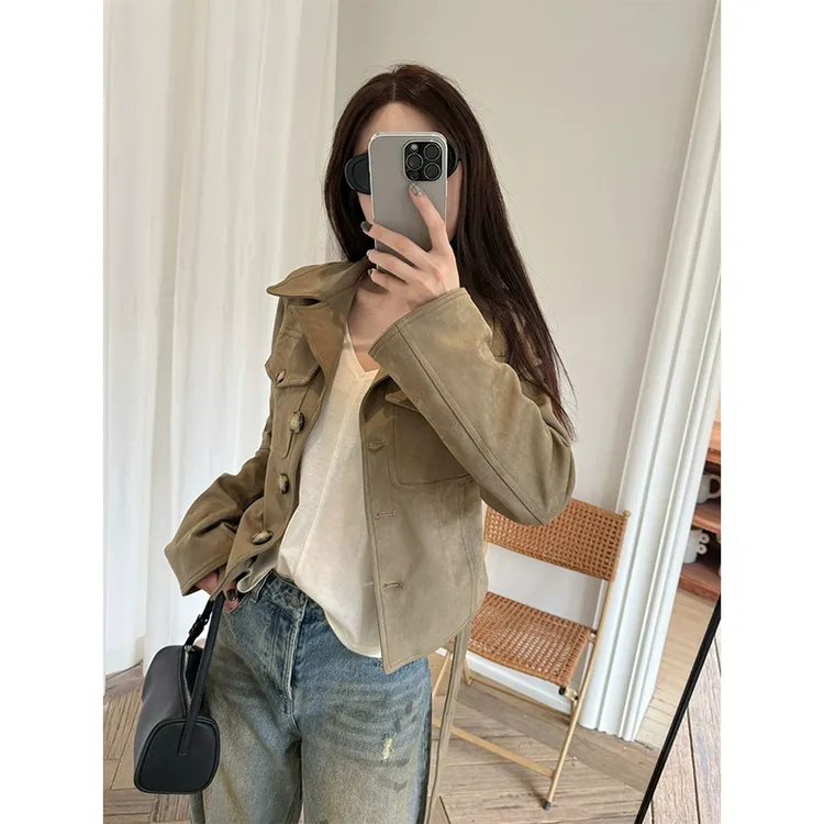 休闲复古麂皮口袋夹克外套女秋季新款韩版修身短款翻领显瘦上衣潮
