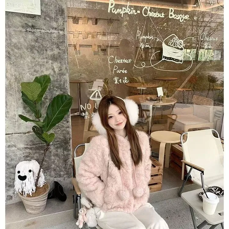 韩系甜美风洋气毛球羊羔毛皮毛一体短外套女冬新款小个子毛毛上衣