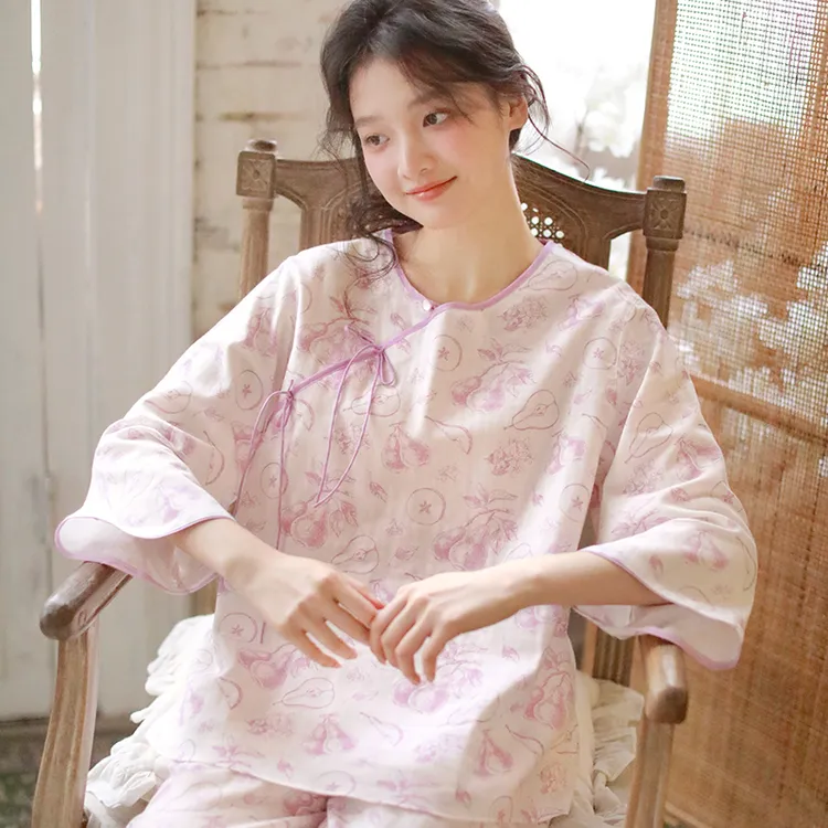 春夏纯棉女士睡衣双层棉纱新中式圆领八分袖长裤家居服MS258001