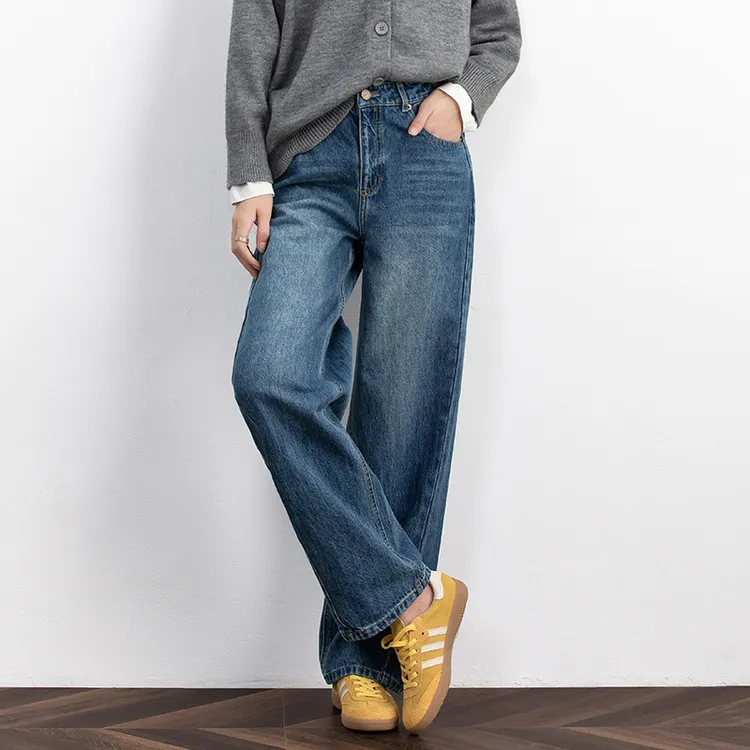 拼接弯刀阔腿牛仔裤女春秋季2025高腰窄版阔腿裤香蕉裤直筒长裤子