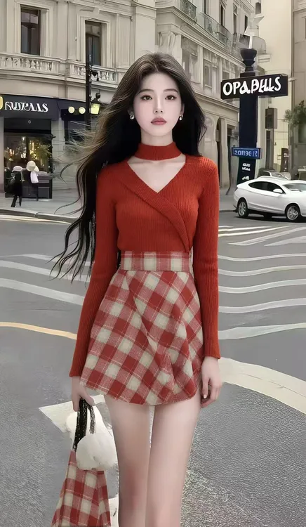 秋季新款淑女红色修身V领长袖针织上衣+百搭红色格子半身裙两件套