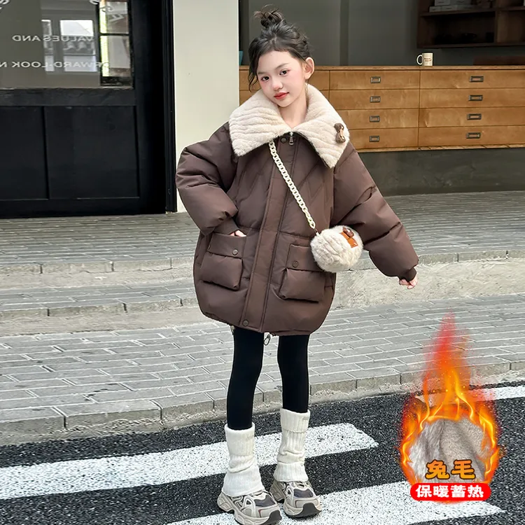 女童棉服加绒加厚派克服冬装2025新款洋气儿童棉衣中长款翻领韩版