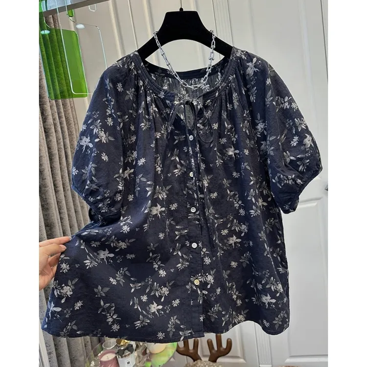 超好看碎花系带中袖雪纺衫女小衫遮肉宽松轻薄气质时尚独特夏爆款