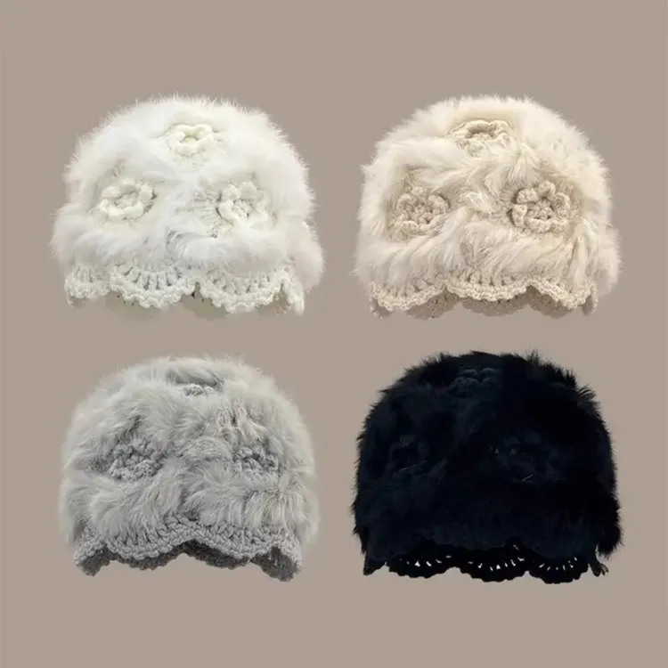 毛茸茸帽子毛绒帽冬女时尚简约韩版防寒钩针百搭花朵镂空包头冷帽