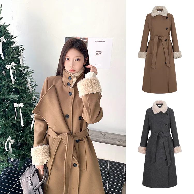 Moses Queen/魔西女王冬季加绒加厚长款大衣绑带收腰皮毛一体外套
