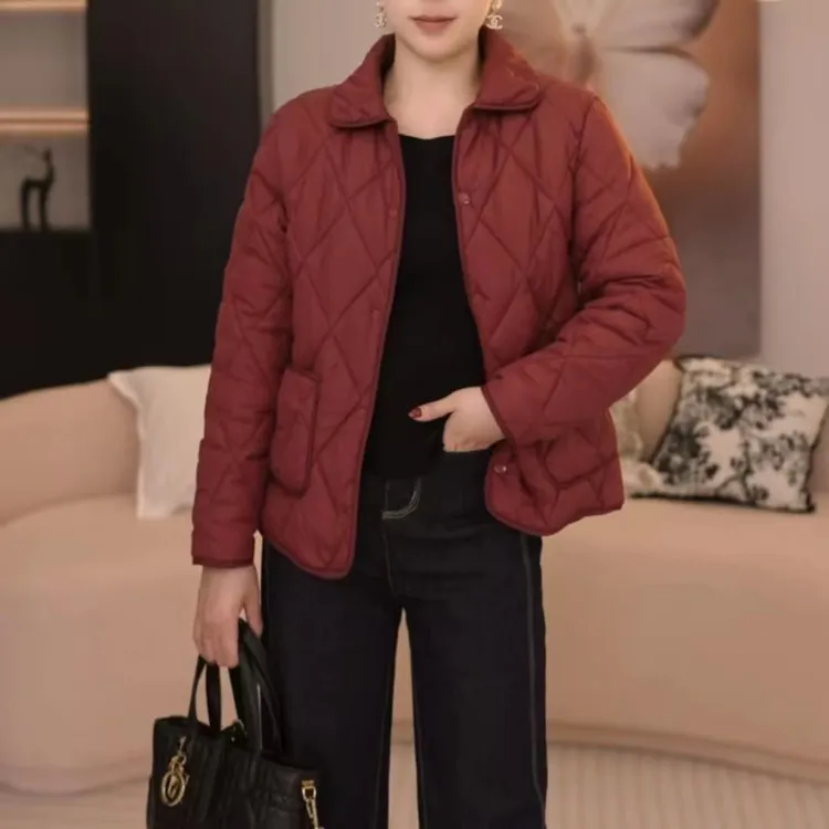 女士翻领棉服雷短款2025菱形格薄款夹棉秋冬外套棉衣