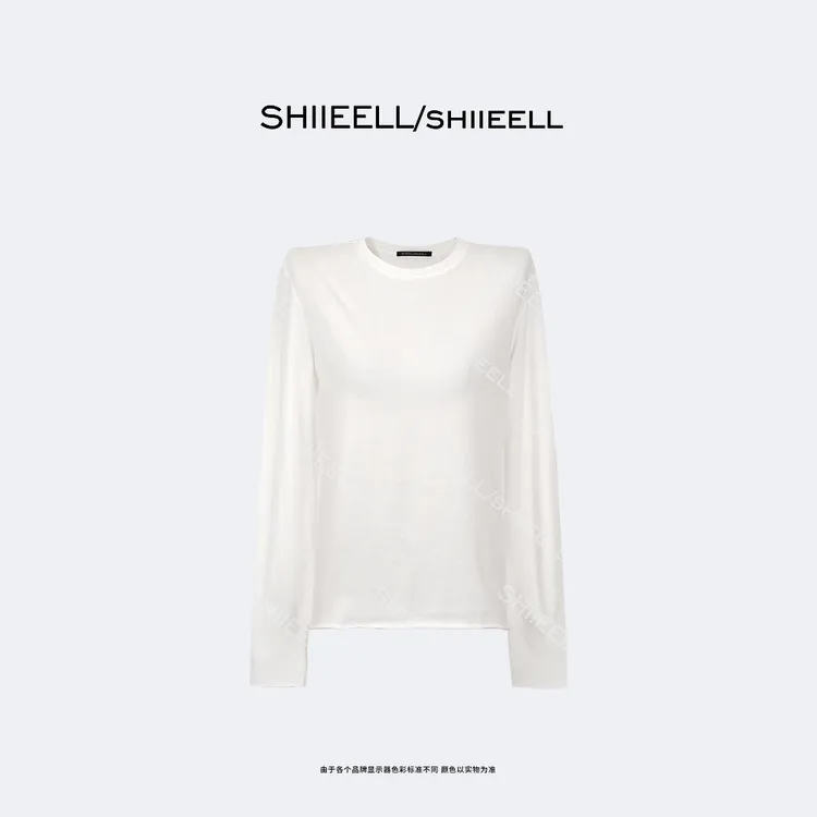 SHIIEELL白色时尚休闲极简棉感亲肤微弹正肩百搭圆领长袖T恤Z918T