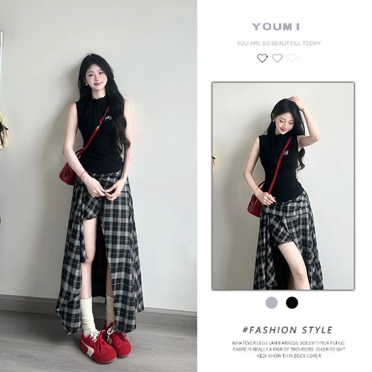 2025新夏季不规则黑白设计感格纹气质半身裙女蝴蝶结针织背心上衣