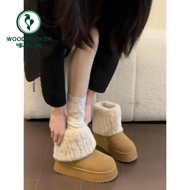 啄木鸟毛毛雪地靴女款2025冬季新款厚底短靴加绒加厚保暖勃肯棉鞋