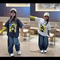 男女童秋季新款韩版洋气拼接袖假两件卫衣T恤中大童时尚牛仔裤潮