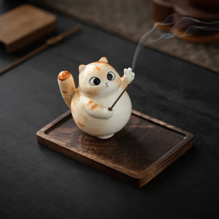 可爱小花猫香插香座创意陶瓷手工小香炉家用室内檀沉香香薰炉摆件