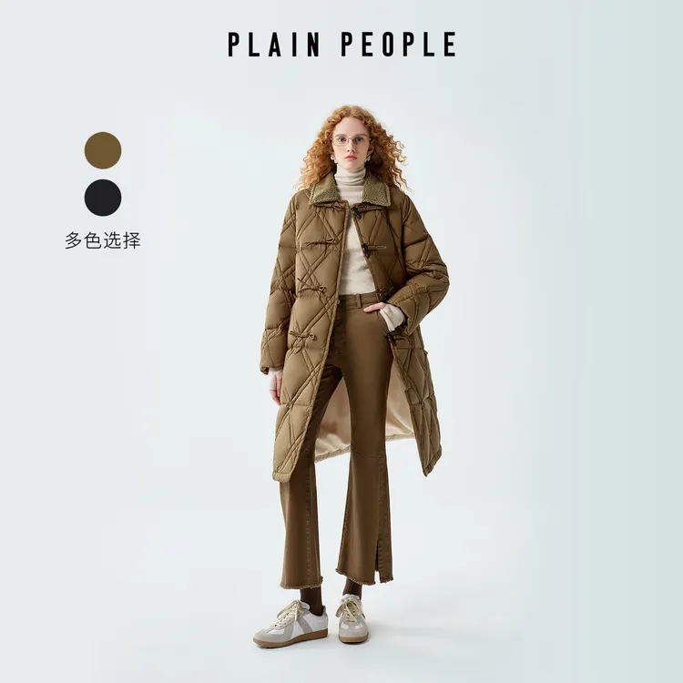 PLAIN PEOPLE复古90鸭绒菱形格绗缝牛角扣长款羽绒服2025冬季新款