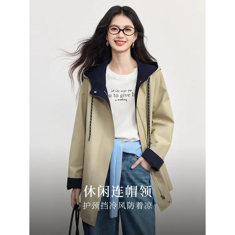 撞色格纹连帽风衣外套女2025秋季新款韩版高级感宽松休闲大衣
