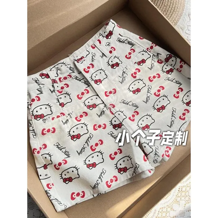 150小矮个子卡通印花猫咪牛仔短裤女秋美式阔腿短裤高腰直筒热裤