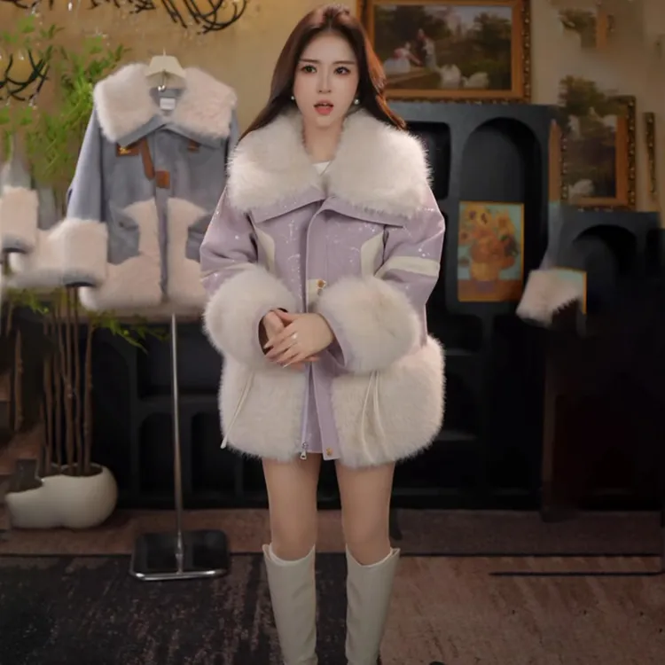 人造皮草 慵懒风紫色大毛领公主风冬季厚款拉链仿皮草厚重工外套