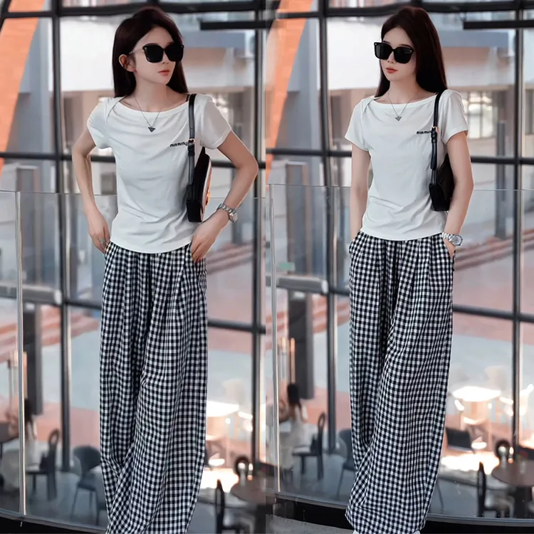 夏装搭配一整套时尚干练气质设计感短袖T恤高腰格子阔腿裤两件套