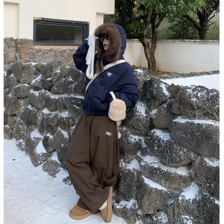 藏青连帽毛领棉服外套女冬季新款美式短款羽绒棉服休闲保暖韩版