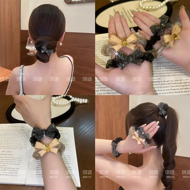 高级感闪钻蝴蝶结头绳女2025年新款气质网纱发圈扎头发绳皮筋头饰