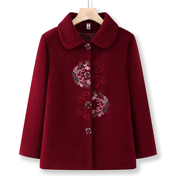 妈妈春秋毛呢翻领外套老人衣服女老太太秋冬加绒上衣奶奶衣服宽松