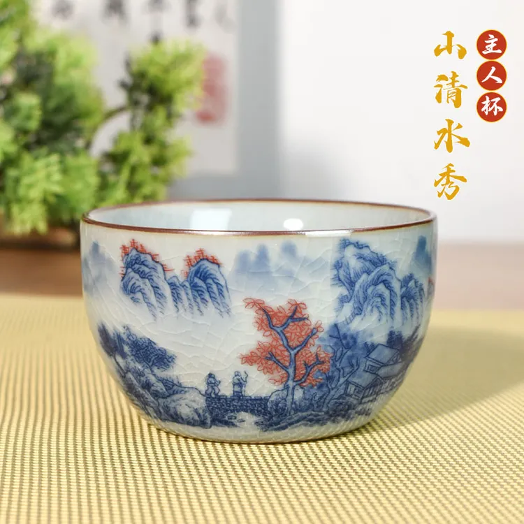 景德镇制【山清水秀主人杯】陶瓷茶具老陶泥开片高温釉下握足杯个人