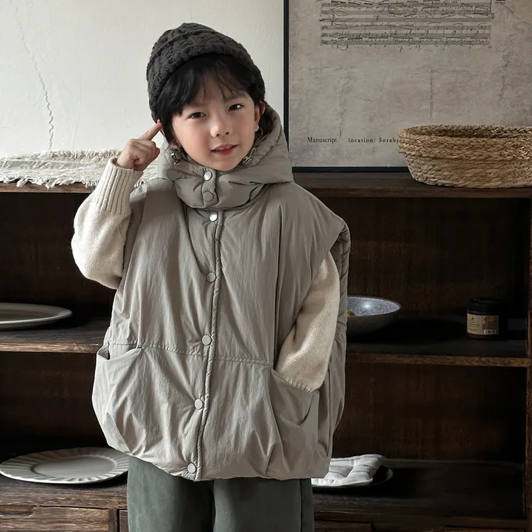 暮晨家新款冬装2025男童净色连帽夹棉马甲中小童加绒背心棉衣外套