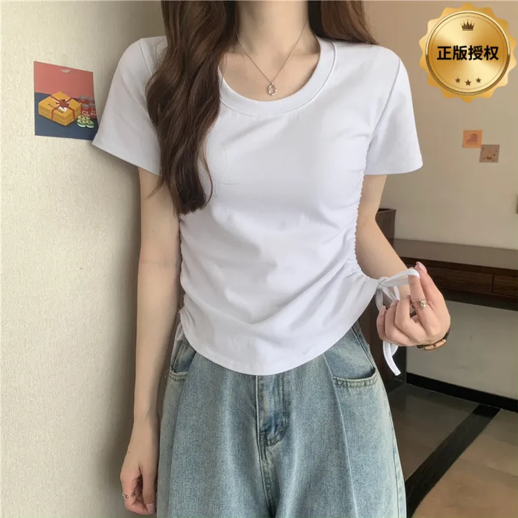 抽绳短袖t恤女2025年新款夏季韩版设计感修身休闲短款学生上衣潮