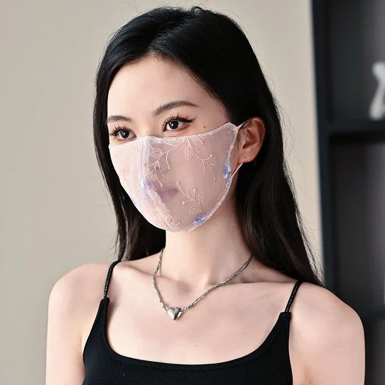 2025新款网红直播面纱遮脸夏季防晒薄款刺绣高颜值蕾丝纱口罩女款