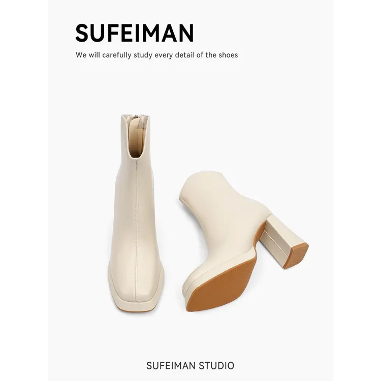 香港厚底马丁靴女秋冬季白色高跟瘦瘦靴粗跟短靴防水台切尔西靴