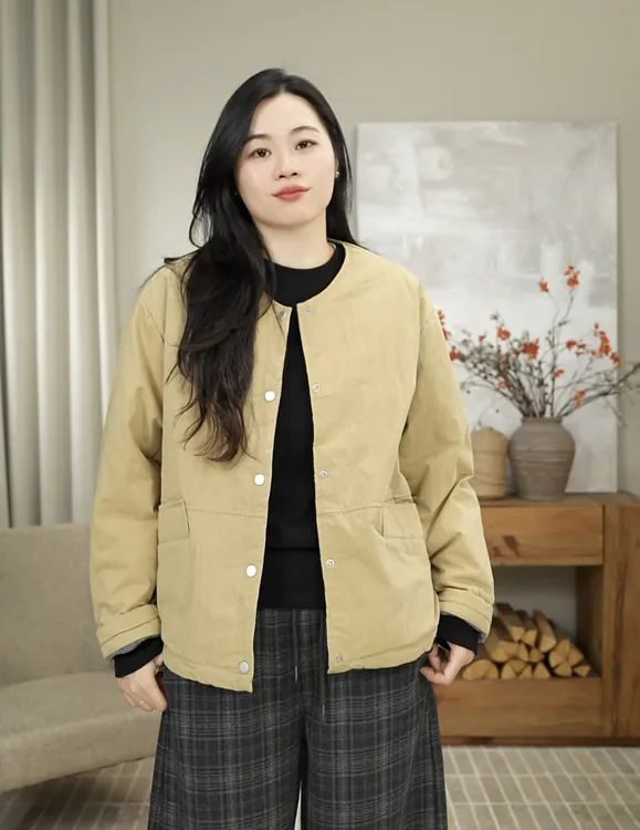 九月JIUYUE秋冬韩系简约圆领下摆抽绳纯色时尚羊绒棉服外套 33039