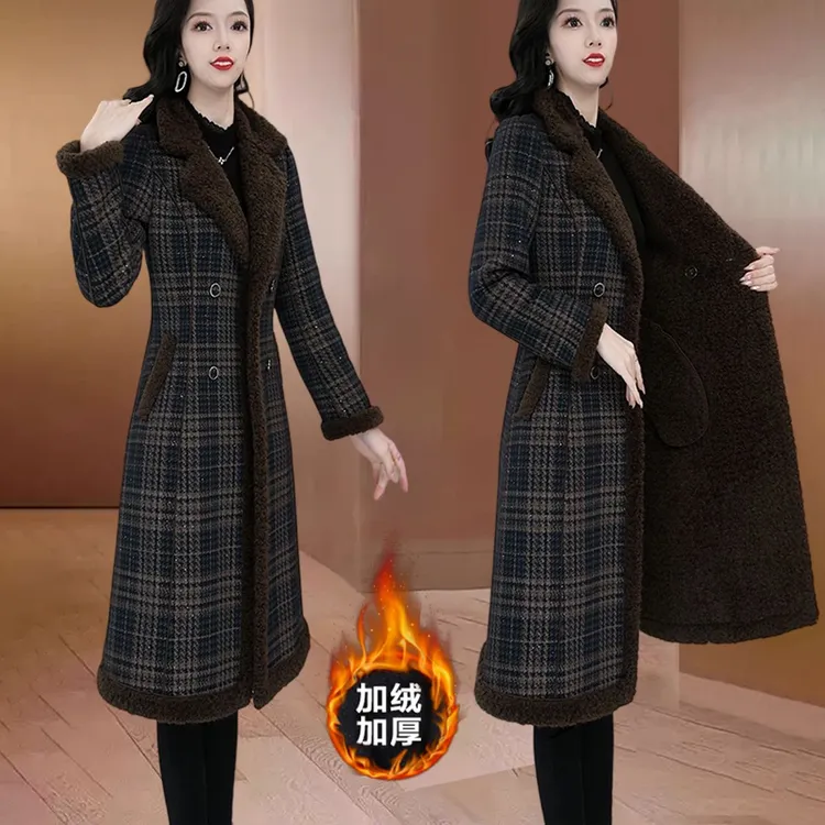 品牌格纹贵夫人时尚毛呢外套女2025新款妈妈款宽松加厚中长款外套