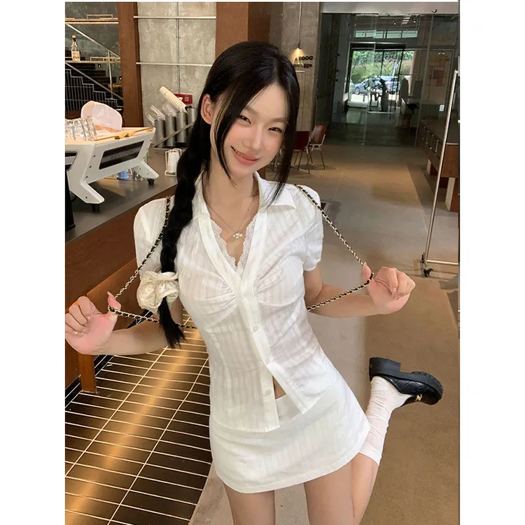 【温柔白茶衬衫】夏季法式学院风甜辣显瘦收腰BD衬衫253F2853