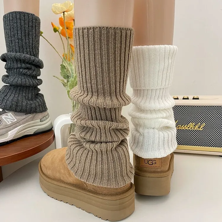 燕麦咖色袜套女秋冬季加绒深灰色针织腿套搭配鲨鱼裤雪地靴堆堆袜