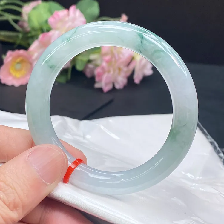 532 缅甸天然翡翠A货手镯 55圈冰润飘绿花胖圆条手镯宽版玉镯子