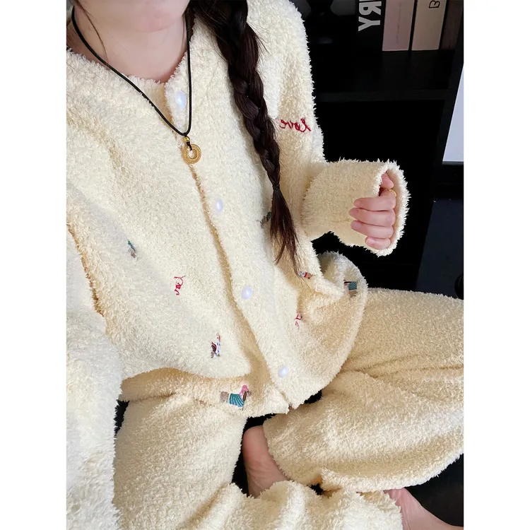 甜美少女腊肠狗半边绒睡衣女款秋冬季新款大码加厚保暖家居服套装