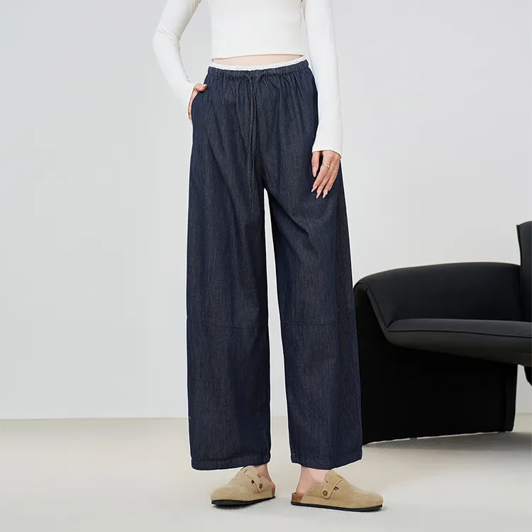 孕妇裤子秋冬外穿花边阔腿裤2025新款小个子丹宁牛仔裤加绒加厚